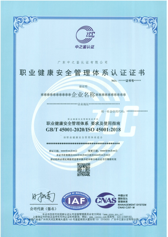 职业健康安全管理体系认证证书（CNAS）模板